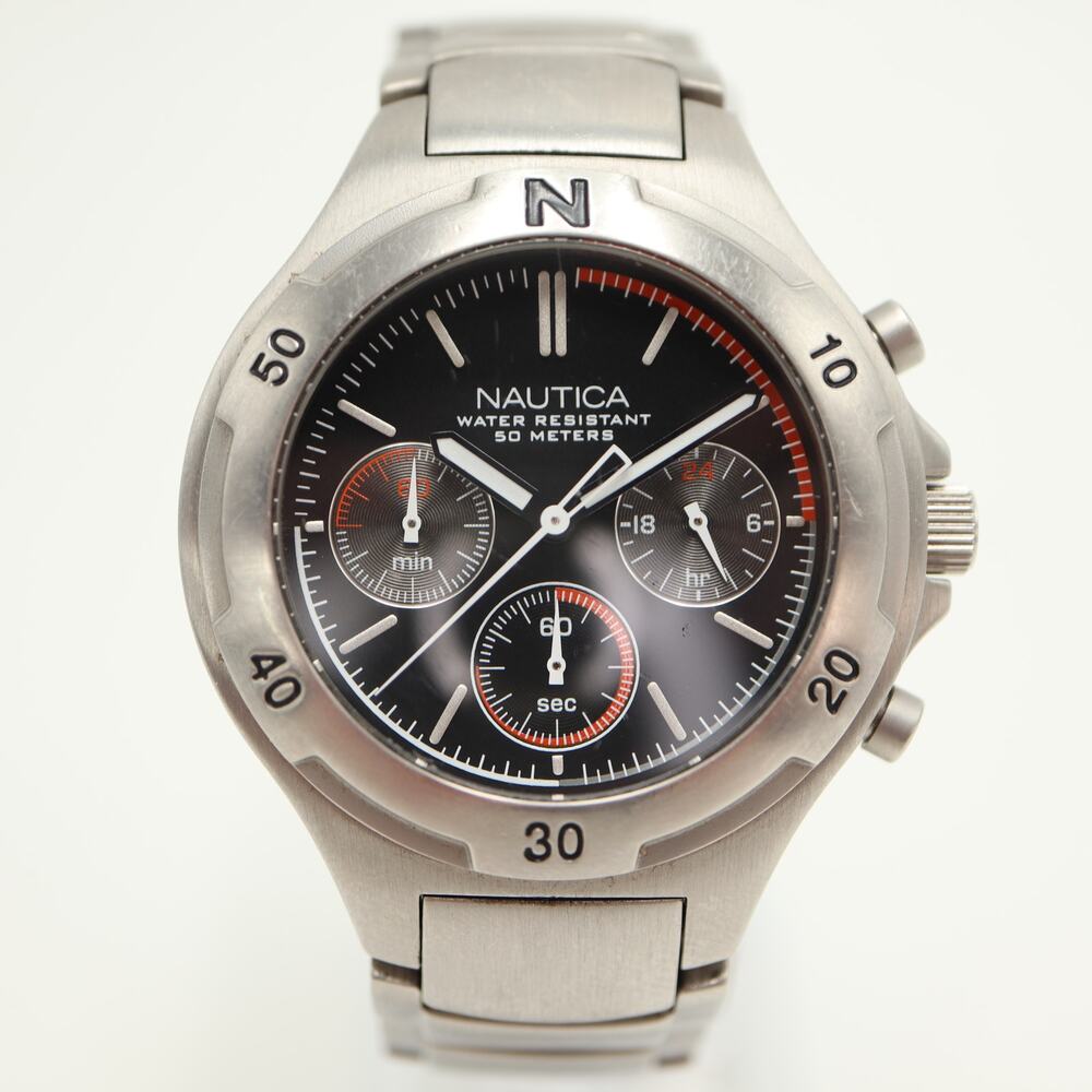 Nautica Mens Stainless Steel 40mm Chronograph Watch 60 Min 24-Hr W New Battery View 4